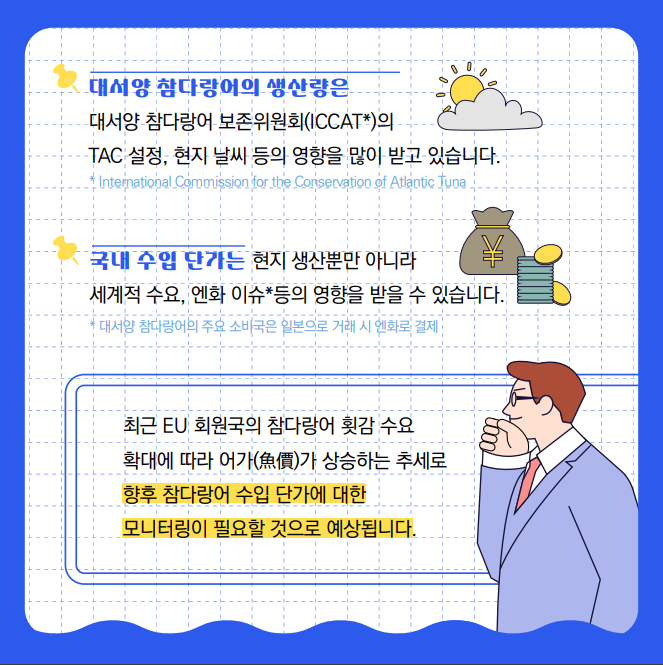 대서양 참다랑어의 생산량은 대서양 참다랑어 보존위원회(ICCAT*)의 TAC 설정, 현지 날씨 등의 영향을 많이 받고 있습니다. *International Commission for the Conservation of Atlantic Tuna 국내 수입 단가는 현지 생산뿐만 아니라 세계적 수요, 엔화 이슈* 등의 영향을 받을 수 있습니다. * 대서양 참다랑어의 주요 소비국은 일본으로 거래 시 엔화로 결제 최근 EU 회원국의 참다랑어 횟감 수요확대에 따라 어가(漁價)가 상승하는 추세로 향후 참다랑어 수입 단가에 대한 모니터링이 필요할 것으로 예상됩니다.