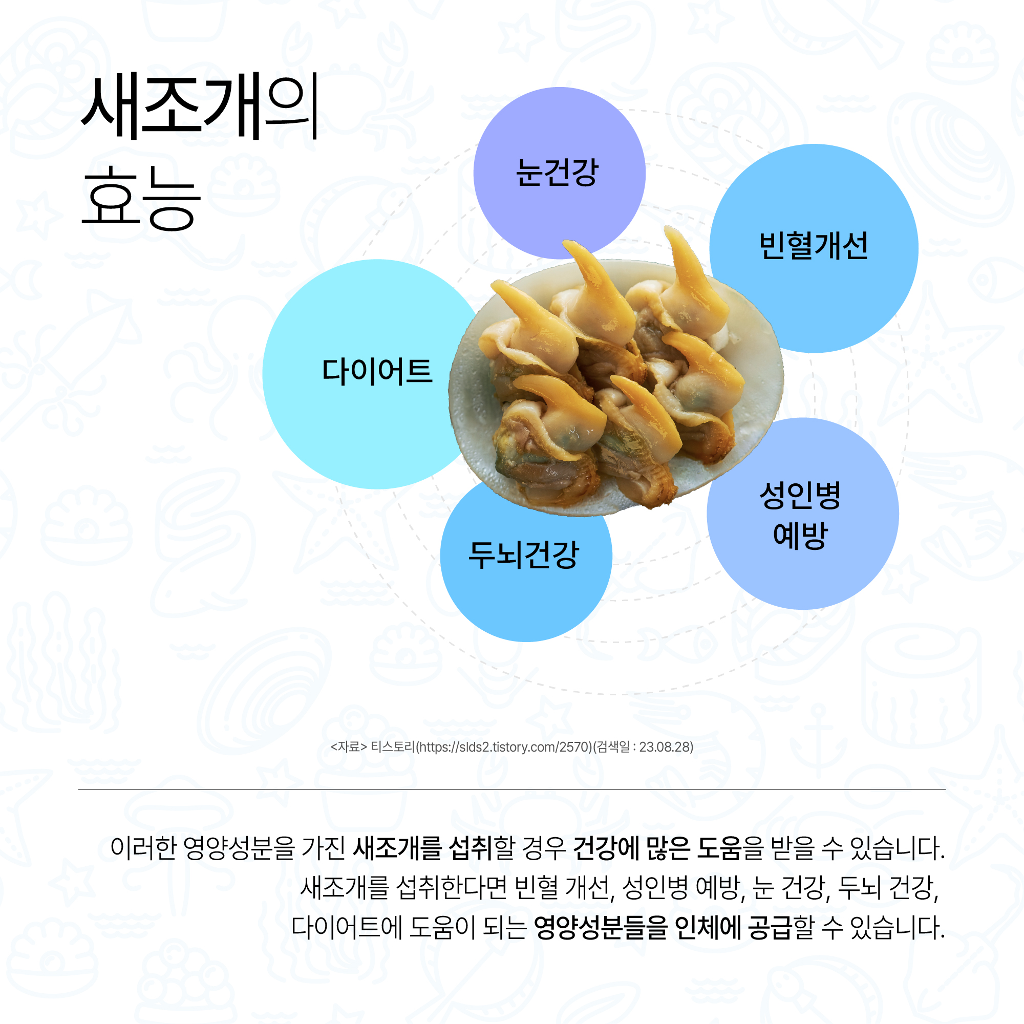 새조개의 효능 눈건강, 다이어트, 빈혈개선, 두뇌건강, 성인병예방 자료: 티스토리(https://slds2.tistory.com/2570)(검색일:23.08.28) 이러한 영양성분을 가진 새조개를 섭취할 경우 건강에 많은 도움을 받을 수 있습니다. 새조개를 섭취한다면 빈혈 개선, 성인병 예방, 눈 건강, 두뇌 건강, 다이어트에 도움이 되는 영양성분들을 인체에 공급할 수 있습니다.