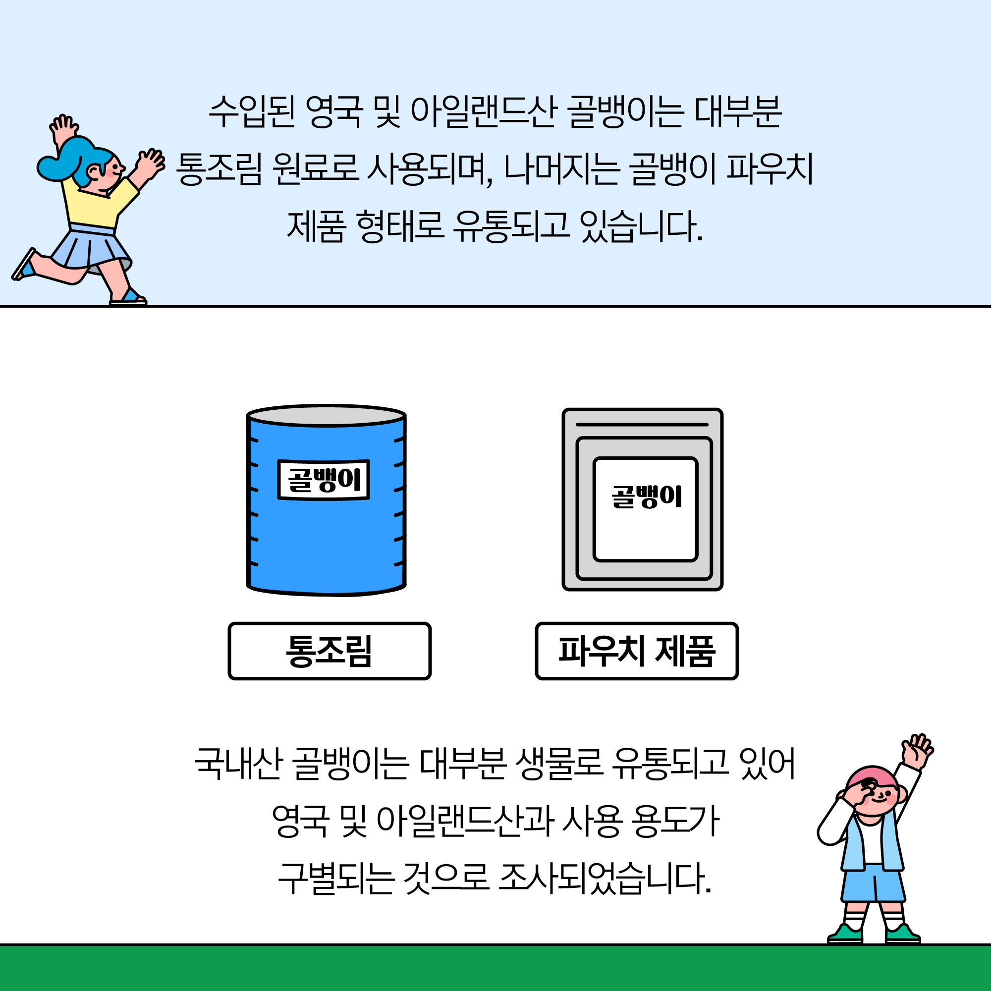 수입된 영국 및 아일랜드산 골뱅이는 대부분 통조림 원료로 사용되며, 나머지는 골뱅이 파우치 제품 형태로 유통되고 있습니다. 통조림형 골뱅이와 파우치 제품형 골뱅이 참고 일러스트 국내산 골뱅이는 대부분 생물로 유통되고 있어 영국 및 아일랜드산과 사용 용도가 구별되는 것으로 조사되었습니다.