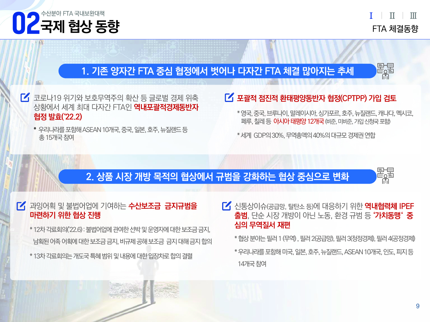 02 수산분야 FTA 국내보완대책 국제 협상 동향 Ⅰ(선택) Ⅱ Ⅲ FTA 체결동향 1. 기존 양자간 FTA 중심 협정에서 벗어나 다자간 FTA 체결 많아지는 추세 코로나19 위기와 보호무역주의 확산 등 글로벌 경제 위축 상황에서 세계 최대 다자간 FTA인 역내포괄적경제동반자협정 발효(`22.2) * 우리나라를 포함해ASEAN 10개국, 중국, 일본, 호주, 뉴질랜드 등 총 15개국 참여 포괄적 점진적 환태평양동반자 협정(CPTPP) 가입 검토 * 영국, 중국, 브루나이, 말레이시아, 싱가포르, 호주, 뉴질랜드, 캐나다, 멕시코, 페루, 칠레 등 아시아 태평양 12개국(비준, 미비준, 가입 신청국 포함) * 세계 GDP의 30%, 무역총액의 40%의 대규모 경제권 연합 2. 상품 시장 개방 목적의 협상에서 규범을 강화하는 협상 중심으로 변화 과잉어획 및 불법어업에 기여하는 수산보조금 금지규범을 마련하기 위한 협상 진행 * 12차 각료회의(`22.6) : 불법어업에 관여한 선박 및 운영자에 대한 보조금 금지, 남획된 어족 어획에 대한 보조금 금지, 비규제 공해 보조금 금지 대해 금지 합의 * 13차 각료회의는 개도국 특혜 범위 및 내용에 대한 입장차로 합의 결렬 신통상이슈(공급망, 탈탄소 등)에 대응하기 위한 역내협력체 IPEF 출범, 단순 시장 개방이 아닌 노동, 환경 규범 등 '가치동맹' 중심의 무역질서 재편 * 협상 분야는 필러 1 (무역), 필러 2(공급망), 필러 3(청정경제), 필러 4(공정경제) * 우리나라를 포함해 미국, 일본, 호주, 뉴질랜드, ASEAN 10개국, 인도, 피지 등 14개국 참여 9p